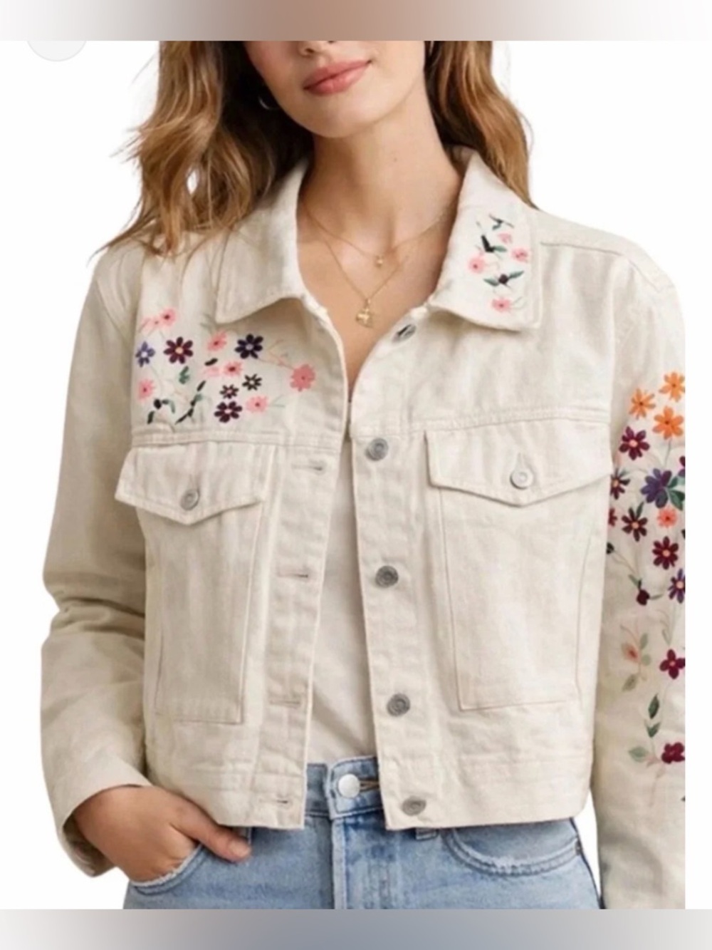 NWOT Dolan Anthropologie Embroidered Floral Cream Denim Jacket - XL